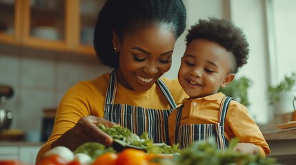 Portrait of enjoy happy love african american family mother and african little boy son child having fun help cooking food healthy eat together with fresh vegetable salad and ingredient : Generative AI