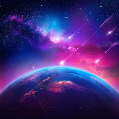 Stunning Cosmic Scene Featuring a Large Planet, Nebula Clouds, and Shooting Stars in a Vibrant Purple, Blue, and Pink Sky