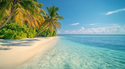 Fototapeta premium Maldives tropical islands panoramic scene with idyllic beach and palm tree vegetation clear water of the Indian ocean sea holiday vacation in tourist resort : Generative AI