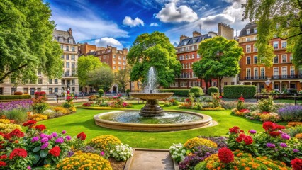 Fototapeta premium lush greenery, vibrant flowers, and ornate fountains adorn this picturesque London square, offering a peaceful escape from the bustling city surroundings.