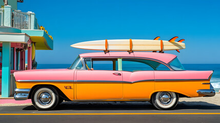 A brightly colored retro car parked in front of a beachside boardwalk with surfboards attached to the roof and the ocean in the background.