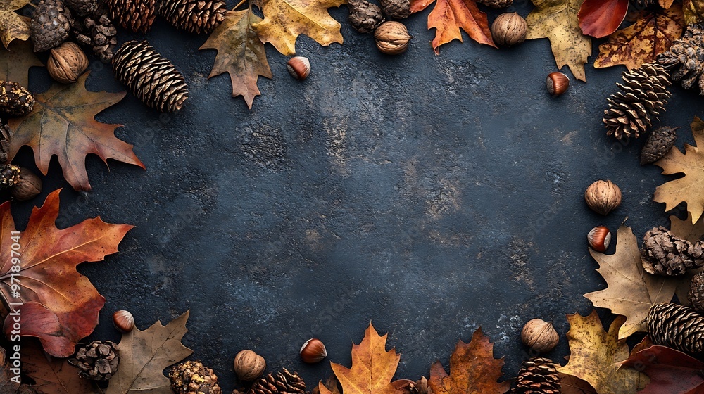 Poster Colorful fall leaves nuts and pine cones Corner border over a rustic dark banner background Overhead view with copy space : Generative AI