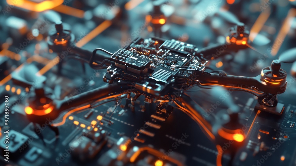 Poster a drone with a black body and orange wings is hovering over a computer screen