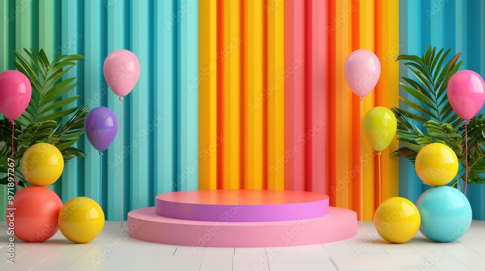 Poster colorful striped background with balloons and platform for product display