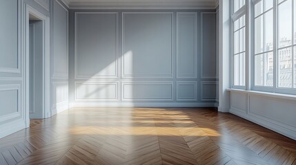 Obraz premium Corner of an empty living room with gray painted walls and wood parquet in an apartment background concept for architecture housing or interior design copy space selected focus : Generative AI