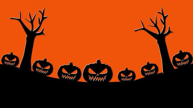 halloween pumpkin animation next to trees on colored background, halloween background