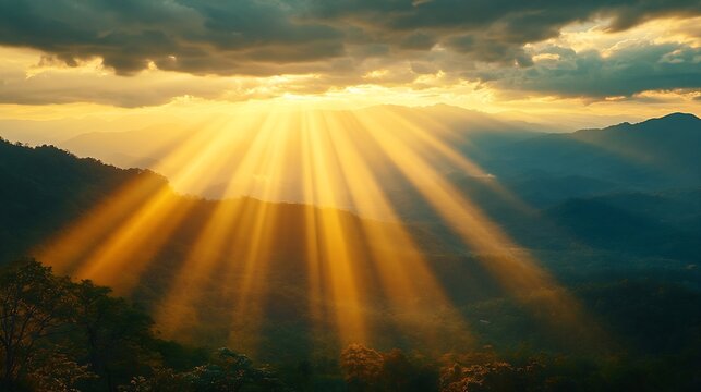 Golden light rays shining down to mountains Sun rays over valley Sun rays over hill Beam of light from clouds on the mountains oblique rays of sunlight through the mountains Doi Pui Co : Generative AI