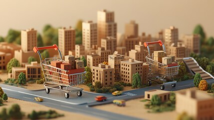 Miniature city model with shopping carts, representing online shopping and urban commerce.