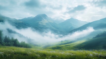 Nature Mountains and clouds in the valley Natural landscape high in the mountains Mountain field in the clouds Landscape in the summertime : Generative AI