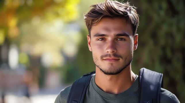 Headshot portrait of handsome guy 19 20 years old looking at camera outdoors : Generative AI