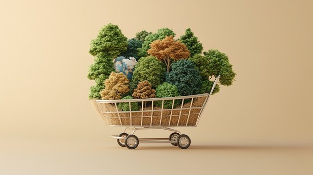 Shopping cart filled with lush green and orange trees, symbolic of sustainable living.