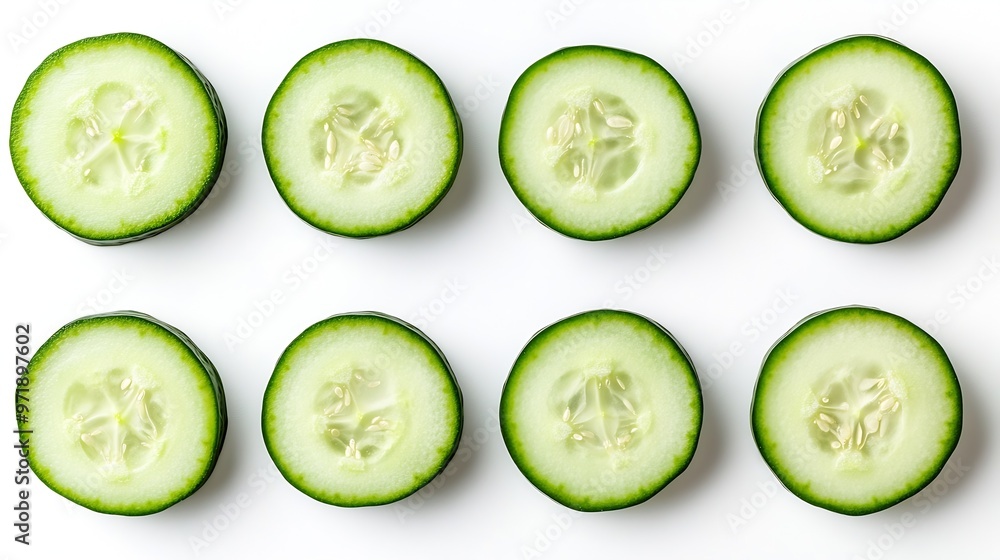 Poster Round cucumber slices from different angles isolated on a white background : Generative AI