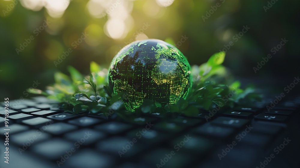 Poster laptop keyboard with green globe technology concept with nature concept digital sustainability green