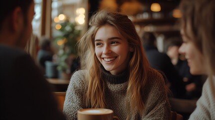 Young friends having a great time in restaurant Group of young people sitting in a coffee shop drinking coffee : Generative AI