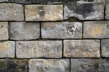 Fototapeta premium Close-up of a Weathered Stone Wall with Cracks and Moss