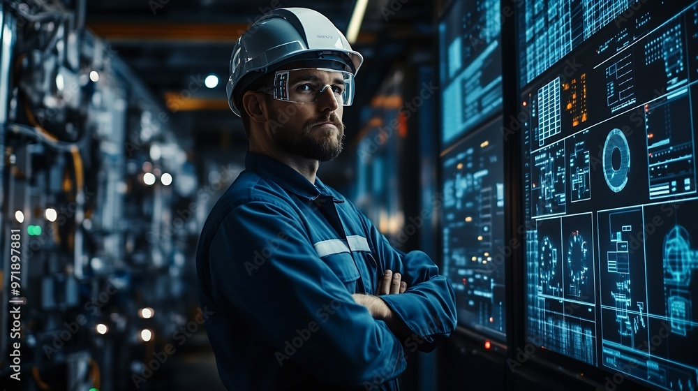 Poster electrician engineering and man with data overlay in a control room for maintenance technician perso