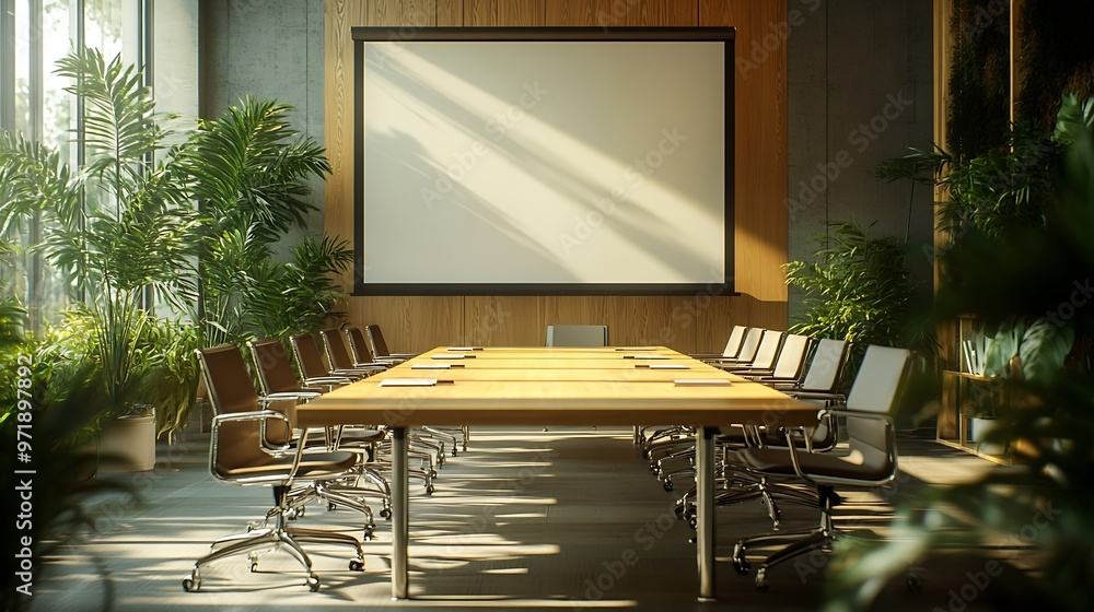 Poster empty conference room with projection screen wooden table and many chairs : generative ai