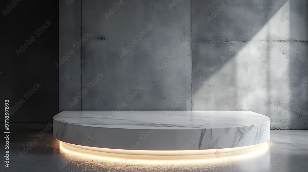 Aufkleber Minimal White Marble Table Corner with Illuminated Concrete Wall Background Suitable for Product Presentation Backdrop Display and Mock up : Generative AI