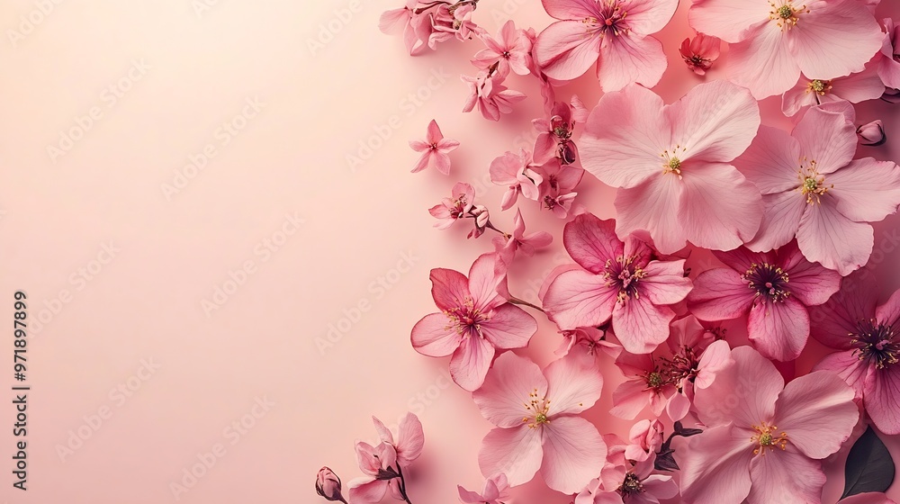 Poster top view image of pink flowers composition over pastel background : generative ai