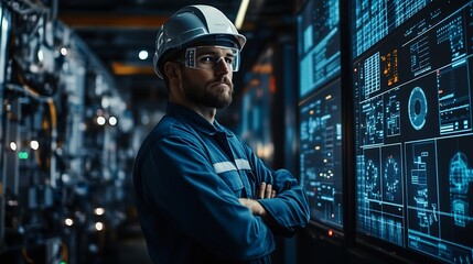 Electrician engineering and man with data overlay in a control room for maintenance Technician person with ai technology for power check problem solving and digital future or 3d inspec : Generative AI