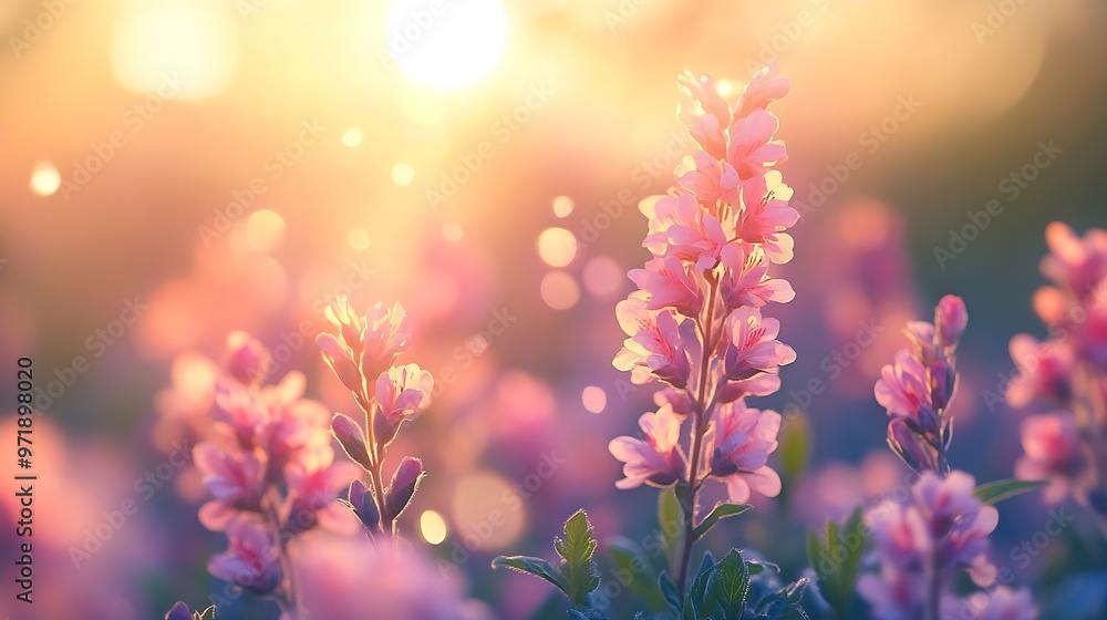 Poster blur background of close up of pink flowers in a field during sunset shining with blurring backgroun