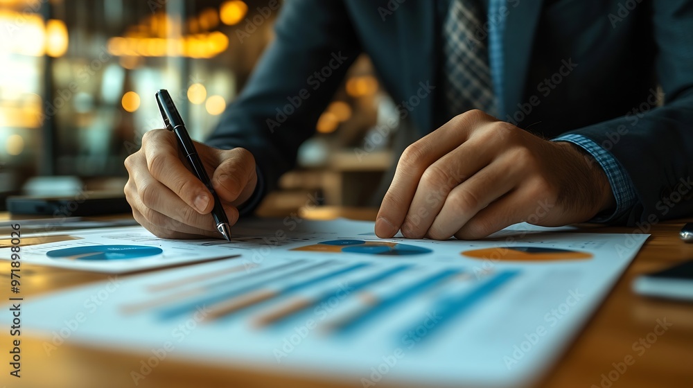 Poster businessman analyzes profitability of working companies with digital augmented reality graphics posi