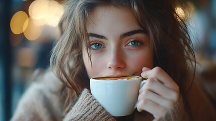 A girl is relaxing in a cafe drinking coffee : Generative AI