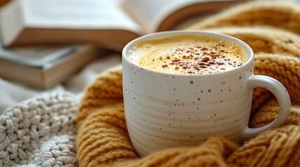 A creamy golden turmeric latte in a white mug, with a sprinkle of cinnamon on top. The mug is set on a cozy table with a book and a warm blanket nearby, 