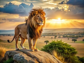 Majestic African lion with regal mane stands triumphant on rocky outcropping, gazing out over sun-kissed savannah landscape with grasslands and acacia trees.