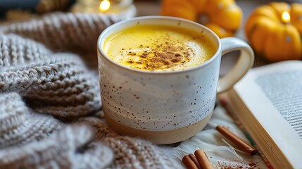 A creamy golden turmeric latte in a white mug, with a sprinkle of cinnamon on top. The mug is set on a cozy table with a book and a warm blanket nearby, 