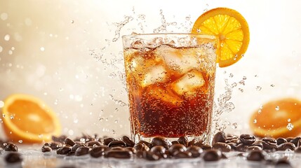 Americano ice coffee mix with orange juicecoffee beans spreading on sackwhite background and isolated concept : Generative AI