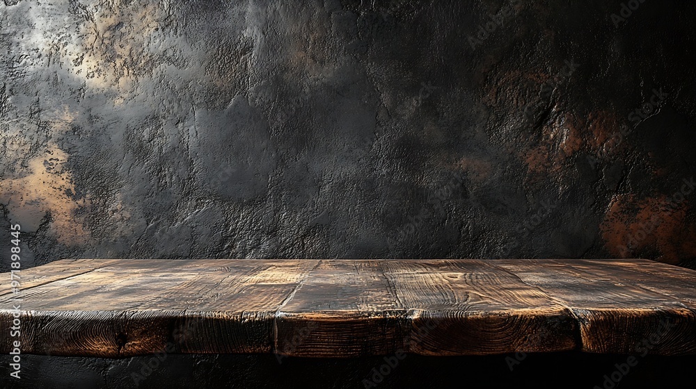 Poster empty wooden oak tabletop with dark black cement stone background for product displayed in rustic mood and tone luxury background for product stand with empty copy space for party prom : Generative AI