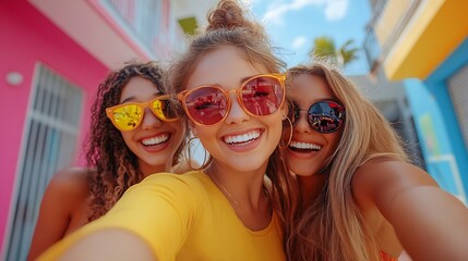 Energetic female friends dancing in front of a camera phone outdoors Group of generation z friends having fun together in the city Vibrant young people creating content for their socia : Generative AI