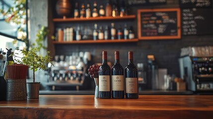 Coffee shop bar counter with wine bottles Modern design Vintage atmosphere : Generative AI