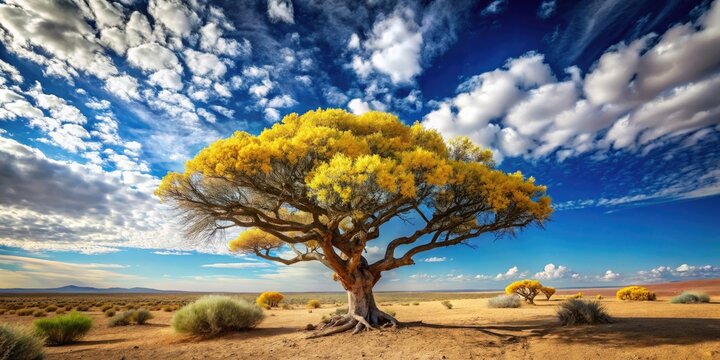 Majestic broomstick tree with twisted branches and yellow flowers stands alone in a vast, sun-kissed desert landscape under a vibrant blue sky with fluffy clouds.