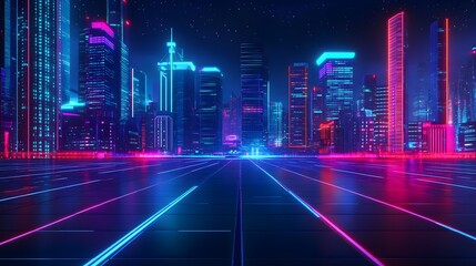 Nighttime View of a Futuristic Cityscape with Neon Lights