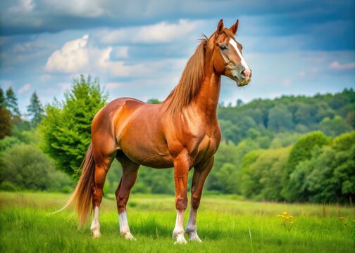 Majestic chestnut horse stands in a lush green meadow, its muscles rippling beneath its shiny coat, ears perked, and eyes alert, gazing into the distance.