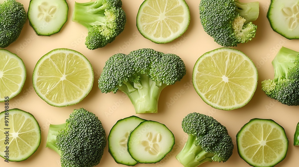 Poster Creative layout made of broccoli cucumber and lime on the beige background Food concept Macro concept : Generative AI