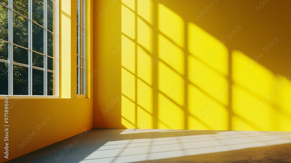 Aufkleber yellow room corner with crossing windows shadows minimalistic space concept : generative ai