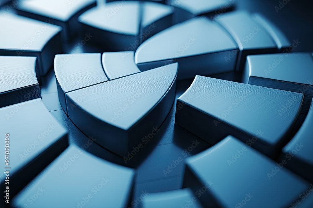 Poster abstract blue geometric shapes arranged in a circular pattern, creating a modern and artistic design