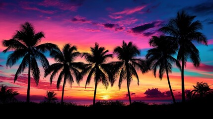Obraz premium Serene Tropical Sunset Silhouette with Palm Trees on Horizon under Colorful Sky