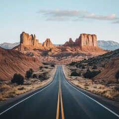 Fototapeta premium A scenic road leads through stunning red rock formations under a clear sky, perfect for adventure and exploration.