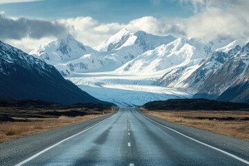 Naklejka premium A tranquil road leading towards majestic mountains and an icy glacier under a dramatic sky, perfect for travel and adventure themes.