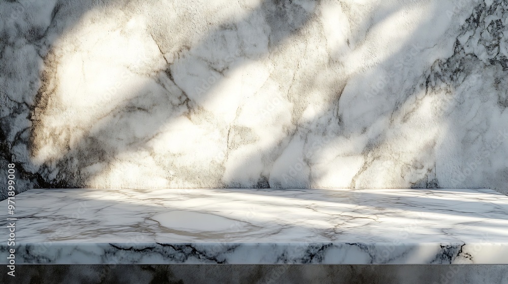 Aufkleber Marble Table with White Stucco Wall Texture Background with Light Beam and Shadow Suitable for Product Presentation Backdrop Display and Mock up : Generative AI