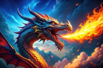 Majestic fiery dragon soars against a vibrant blue background, its scales glistening as flames erupt from its mouth in a mesmerizing display of mythical power.