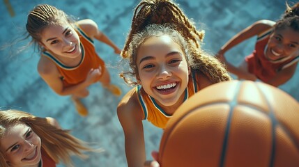 Top view of diverse group of young woman having fun playing basketball outdoors : Generative AI