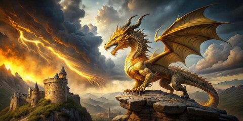 Majestic golden dragon with fiery breath and gleaming scales soars through stormy skies, surrounded by wispy clouds and ancient, crumbling medieval castle ruins.