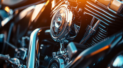 A close-up shot of a powerful sport motorcycles engine with chrome details shining under bright...