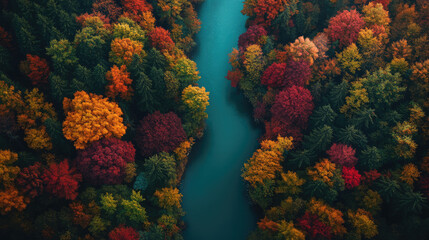 Fototapeta premium The sun pierces through vibrant autumn leaves, illuminating a winding river that snakes through the heart of a serene forest. The scene is peaceful and glowing atmosphere.
