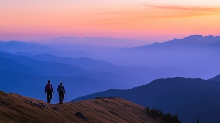 Fototapeta premium Adventurous Hikers on Rugged Ridge at Sunset with Stunning Mountain Layers and Colorful Sky